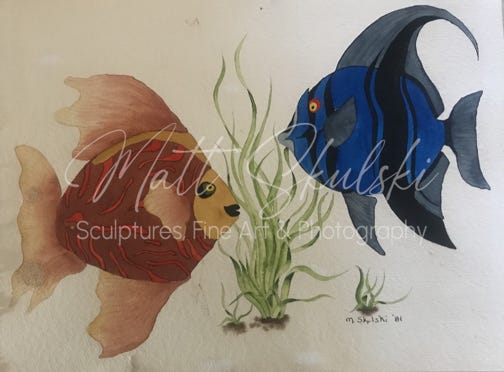 Orginal two fish watercolor artwork by Matt Skulski. 