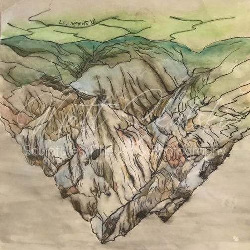 Orginal watercolor landscape of a canyon artwork by Matt Skulski. 