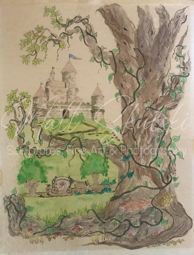 Orginal watercolor artwork of a castle and tree by Matt Skulski. 