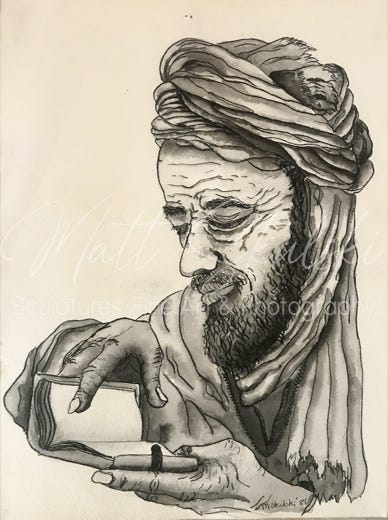 Orginal pen and ink of a holy man artwork by Matt Skulski. 